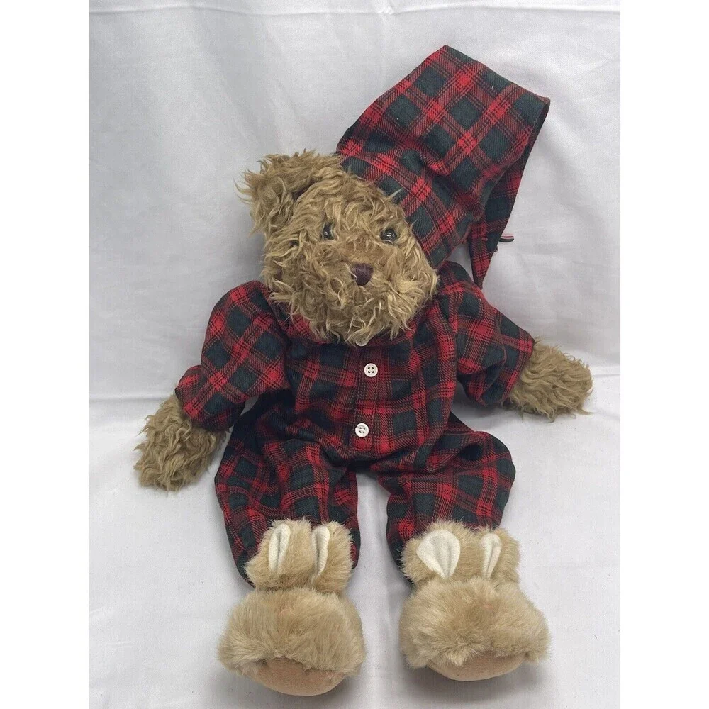 Vintage Teddy Bear in Plaid PJ bunny slippers sleeping cap red Stuffed Animal